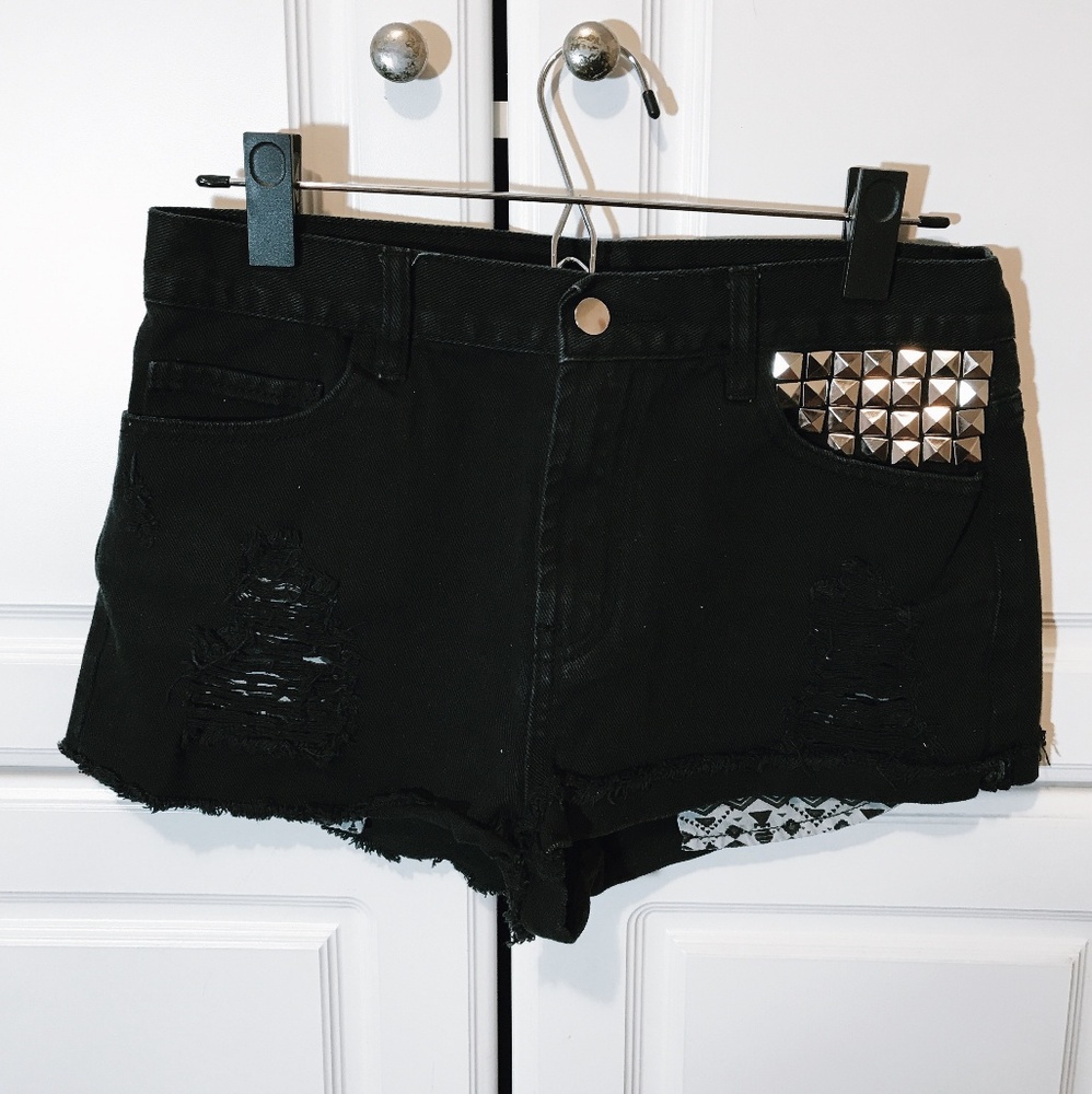 High Waisted Black Shorts With "Silver Rock Studs"